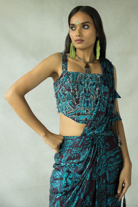 Buy Doh Tak Keh Brown Cupro Satin Printed Bijlee Pre-draped Ruched Saree With Corset Online at Aza Fashions Buy_Doh Tak Keh_Brown Cupro Satin Printed Bijlee Pre-draped Ruched Saree With Corset _Online_at_Aza_Fashions