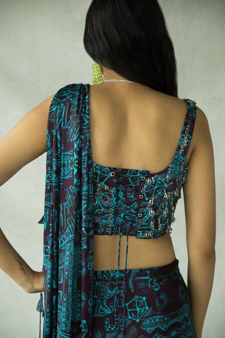 Shop Doh Tak Keh Brown Cupro Satin Printed Bijlee Pre-draped Ruched Saree With Corset Online at Aza Fashions Shop_Doh Tak Keh_Brown Cupro Satin Printed Bijlee Pre-draped Ruched Saree With Corset _Online_at_Aza_Fashions