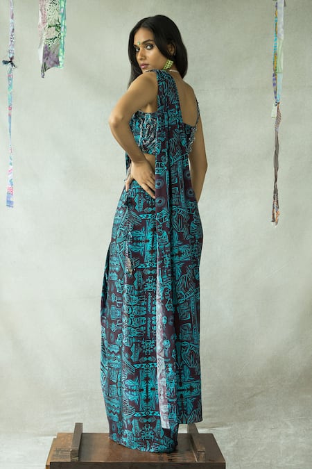 Doh Tak Keh Brown Cupro Satin Printed Bijlee Pre-draped Ruched Saree With Corset at Aza Fashions Doh Tak Keh_Brown Cupro Satin Printed Bijlee Pre-draped Ruched Saree With Corset _at_Aza_Fashions