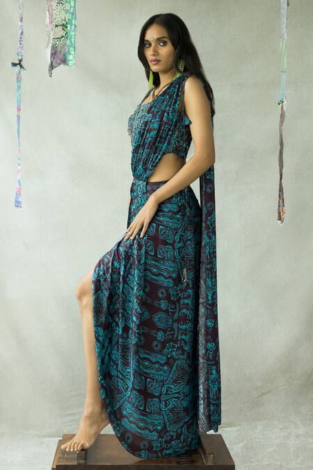 Buy Doh Tak Keh Brown Cupro Satin Printed Bijlee Pre-draped Ruched Saree With Corset Buy_Doh Tak Keh_Brown Cupro Satin Printed Bijlee Pre-draped Ruched Saree With Corset