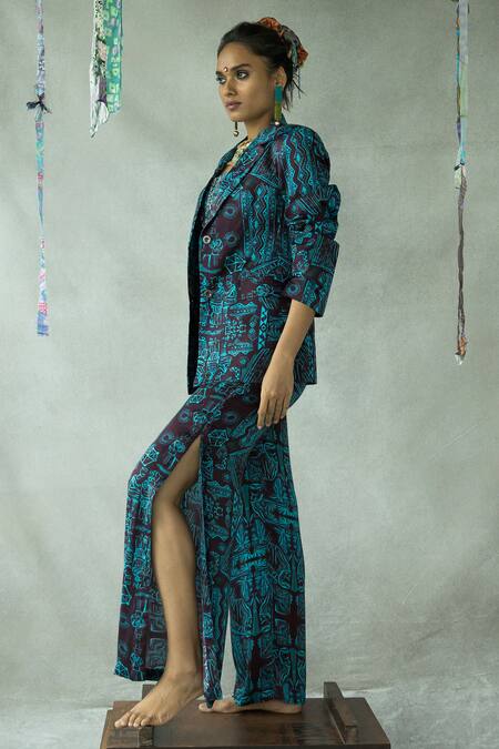 Shop_Doh Tak Keh_Brown Cupro Satin Printed Bijlee Side Slit Trouser _Online_at_Aza_Fashions