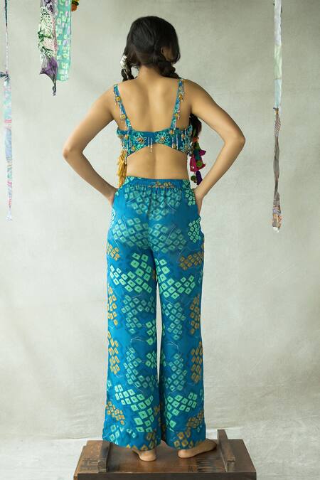 Shop Doh Tak Keh Blue Georgette Tassels, Beads Square Neck Bindoo Pleated Hand Embroidered Blouse at Aza Fashions Shop_Doh Tak Keh_Blue Georgette Tassels, Beads Square Neck Bindoo Pleated Hand Embroidered Blouse_at_Aza_Fashions
