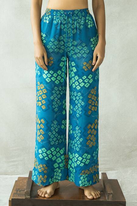 Buy_Doh Tak Keh_Blue Georgette Tassels, Beads, Embroidery Bindoo Pleated Hand Blouse And Pant Set_Online_at_Aza_Fashions