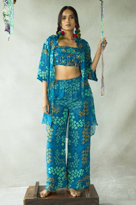 Doh Tak Keh Blue Georgette Embroidery Collared Bindoo Button Down Bandhani Pattern Shirt Online at Aza Fashions Doh Tak Keh_Blue Georgette Embroidery Collared Bindoo Button Down Bandhani Pattern Shirt_Online_at_Aza_Fashions