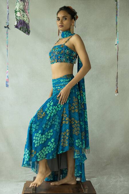 Doh Tak Keh_Blue Georgette Beads, Tassels Bindoo Embroidered Blouse Asymmetric Skirt Set_Online_at_Aza_Fashions