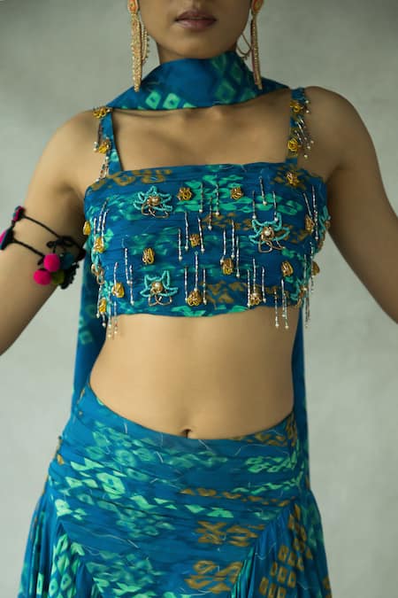 Buy_Doh Tak Keh_Blue Georgette Beads, Tassels Bindoo Embroidered Blouse Asymmetric Skirt Set_Online_at_Aza_Fashions