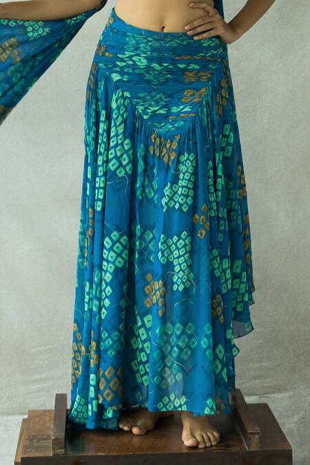 Shop_Doh Tak Keh_Blue Georgette Beads, Tassels Bindoo Embroidered Blouse Asymmetric Skirt Set_Online_at_Aza_Fashions