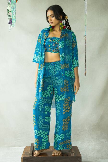 Doh Tak Keh Blue Georgette Bindoo Straight Leg Elasticated Trouser at Aza Fashions Doh Tak Keh_Blue Georgette Bindoo Straight Leg Elasticated Trouser _at_Aza_Fashions