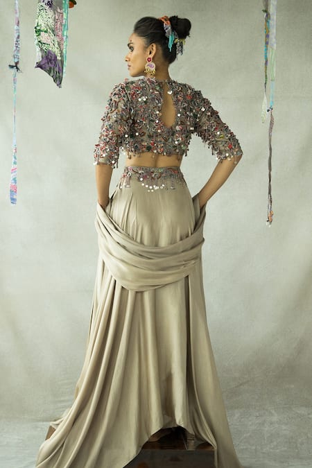 Shop Doh Tak Keh Gold , Cotton Beads Round Chamma Embroidered Blouse Skirt Set at Aza Fashions Shop_Doh Tak Keh_Gold , Cotton Beads Round Chamma Embroidered Blouse Skirt Set_at_Aza_Fashions