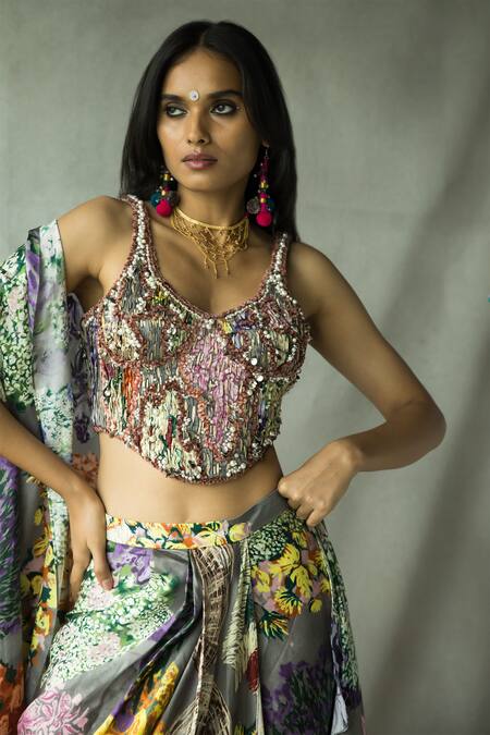 Doh Tak Keh_Grey Satin Embroidery Scoop Neck Gajra Re Gathered Skirt Cape Set_Online_at_Aza_Fashions