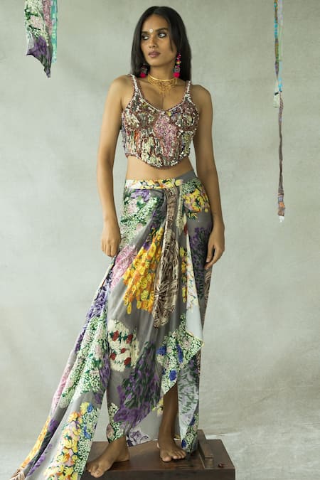 Buy_Doh Tak Keh_Grey Satin Embroidery Scoop Neck Gajra Re Gathered Skirt Cape Set_Online_at_Aza_Fashions