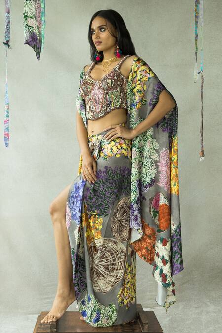 Shop_Doh Tak Keh_Grey Satin Embroidery Scoop Neck Gajra Re Gathered Skirt Cape Set_Online_at_Aza_Fashions