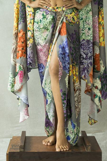 Doh Tak Keh_Grey Satin Embroidery Scoop Neck Gajra Re Gathered Skirt Cape Set_at_Aza_Fashions