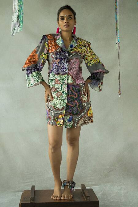 Doh Tak Keh Grey Beads Collared Gajra Re Embroidered Blazer Dress Online at Aza Fashions Doh Tak Keh_Grey Beads Collared Gajra Re Embroidered Blazer Dress_Online_at_Aza_Fashions