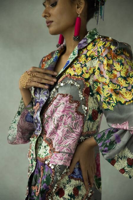 Buy Doh Tak Keh Grey Beads Collared Gajra Re Embroidered Blazer Dress Online at Aza Fashions Buy_Doh Tak Keh_Grey Beads Collared Gajra Re Embroidered Blazer Dress_Online_at_Aza_Fashions