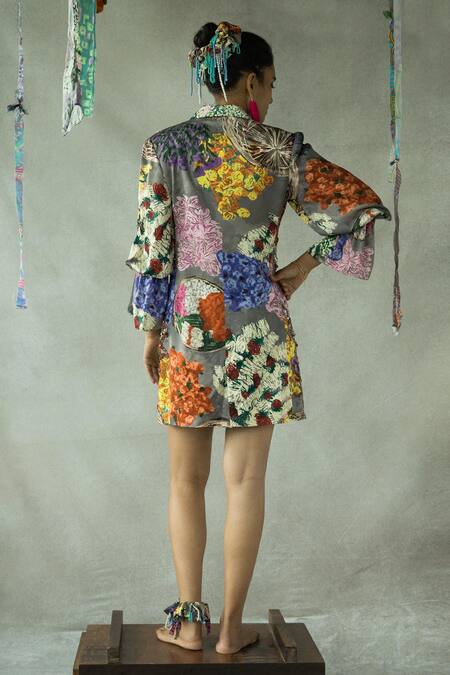 Shop Doh Tak Keh Grey Beads Collared Gajra Re Embroidered Blazer Dress at Aza Fashions Shop_Doh Tak Keh_Grey Beads Collared Gajra Re Embroidered Blazer Dress_at_Aza_Fashions