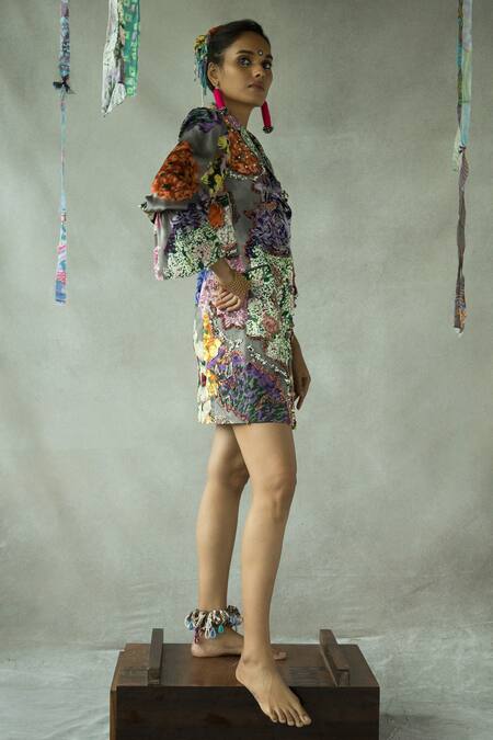 Shop Doh Tak Keh Grey Beads Collared Gajra Re Embroidered Blazer Dress Online at Aza Fashions Shop_Doh Tak Keh_Grey Beads Collared Gajra Re Embroidered Blazer Dress_Online_at_Aza_Fashions