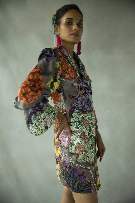 Doh Tak Keh Grey Beads Collared Gajra Re Embroidered Blazer Dress at Aza Fashions Doh Tak Keh_Grey Beads Collared Gajra Re Embroidered Blazer Dress_at_Aza_Fashions