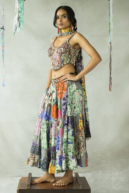 Doh Tak Keh_Grey Satin Beads Scoop Neck Gajra Re Embroidered Corset_Online_at_Aza_Fashions