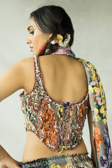 Shop_Doh Tak Keh_Grey Satin Beads Scoop Neck Gajra Re Embroidered Corset_at_Aza_Fashions