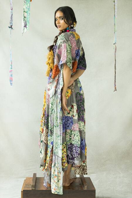 Doh Tak Keh_Grey Collared Gajra Re A-line Asymmetric Kaftan Dress_Online_at_Aza_Fashions