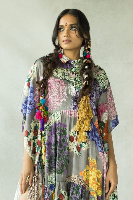 Buy_Doh Tak Keh_Grey Collared Gajra Re A-line Asymmetric Kaftan Dress_Online_at_Aza_Fashions