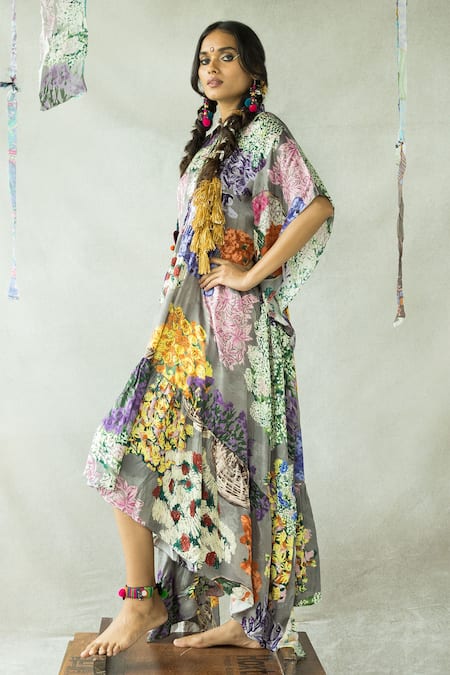 Shop_Doh Tak Keh_Grey Collared Gajra Re A-line Asymmetric Kaftan Dress_Online_at_Aza_Fashions
