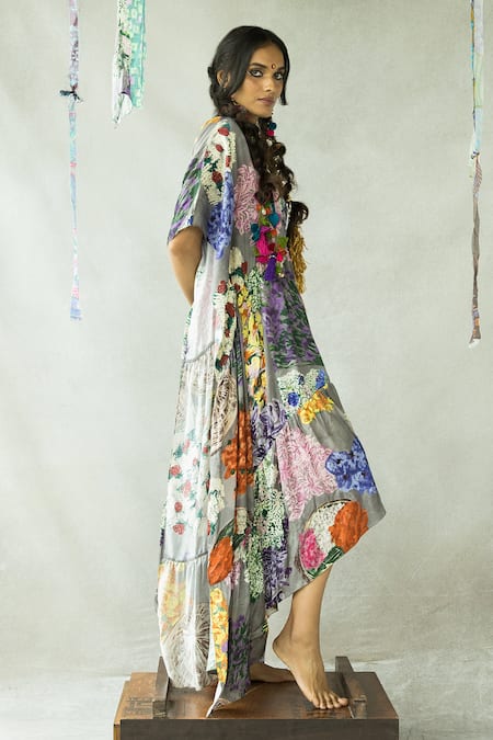 Doh Tak Keh_Grey Collared Gajra Re A-line Asymmetric Kaftan Dress_at_Aza_Fashions