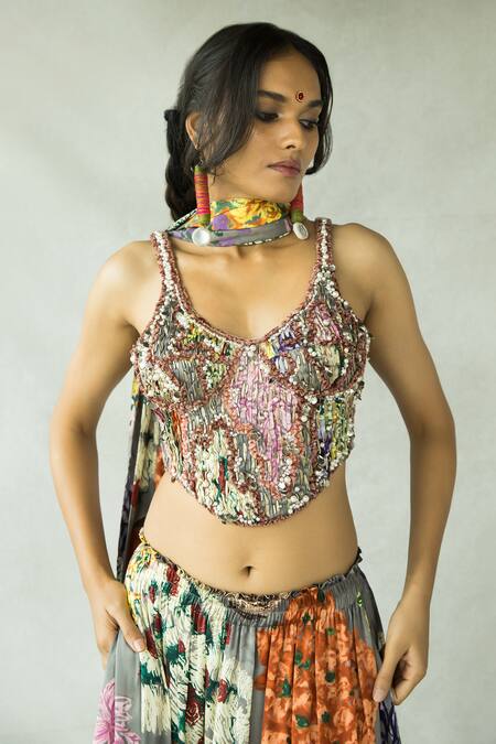 Doh Tak Keh_Grey Satin Beads Scoop Neck Gajre Re Hand Embroidered Corset Skirt Set_Online_at_Aza_Fashions