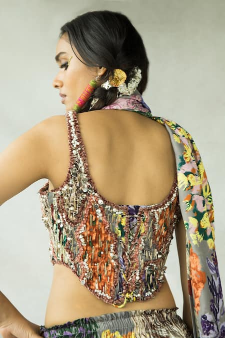 Buy_Doh Tak Keh_Grey Satin Beads Scoop Neck Gajre Re Hand Embroidered Corset Skirt Set_Online_at_Aza_Fashions