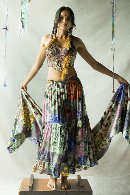 Shop_Doh Tak Keh_Grey Satin Beads Scoop Neck Gajre Re Hand Embroidered Corset Skirt Set