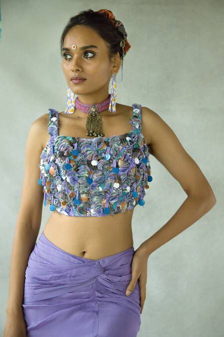 Doh Tak Keh Purple Cotton Beads Square Neck Embroidered Corset Online at Aza Fashions Doh Tak Keh_Purple Cotton Beads Square Neck Embroidered Corset_Online_at_Aza_Fashions