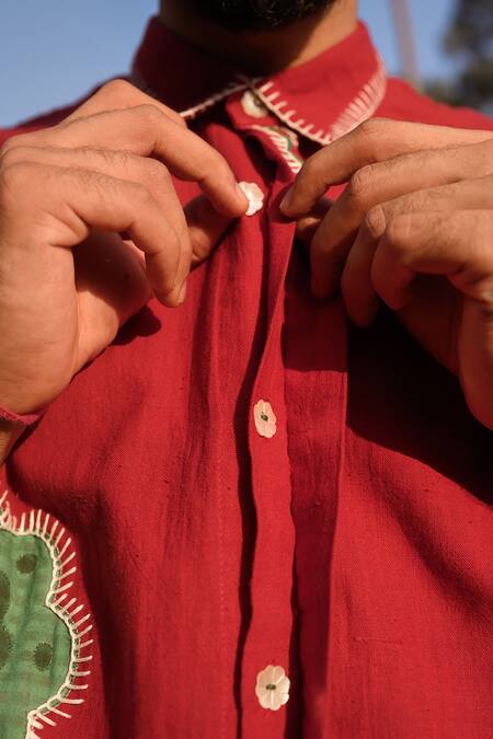 Shop Jodi Red Handloom Cotton Applique, Embroidery Cayenne Shorts Co-ord Set Shop_Jodi_Red Handloom Cotton Applique, Embroidery Cayenne Shorts Co-ord Set