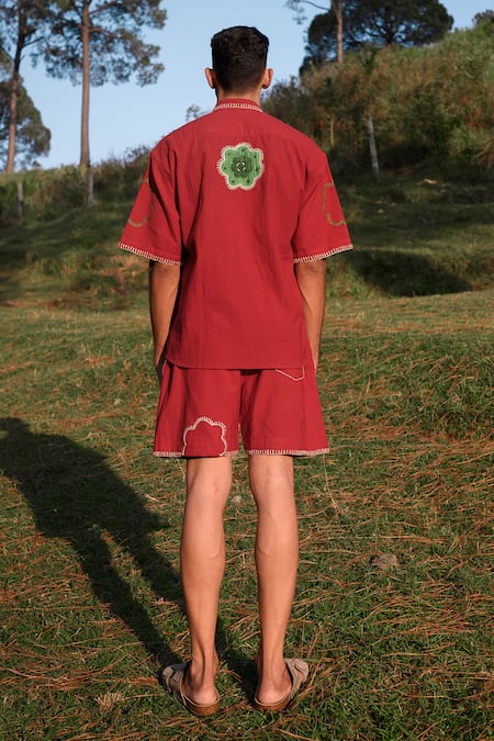 Shop Jodi Red Handloom Cotton Embroidery Cayenne Abstract Applique Shirt at Aza Fashions Shop_Jodi_Red Handloom Cotton Embroidery Cayenne Abstract Applique Shirt _at_Aza_Fashions