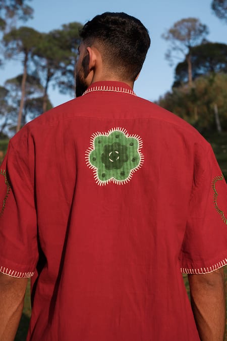 Jodi Red Handloom Cotton Embroidery Cayenne Abstract Applique Shirt at Aza Fashions Jodi_Red Handloom Cotton Embroidery Cayenne Abstract Applique Shirt _at_Aza_Fashions