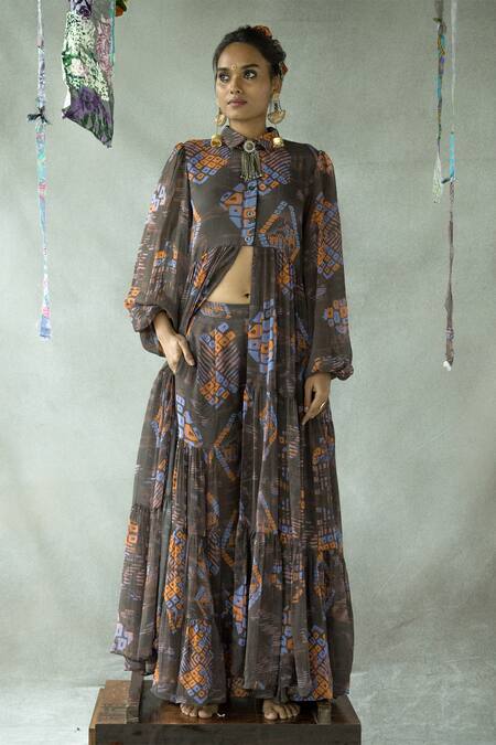 Shop Doh Tak Keh Brown Georgette Printed Abstract Jugni Sharara at Aza Fashions Shop_Doh Tak Keh_Brown Georgette Printed Abstract Jugni Sharara _at_Aza_Fashions