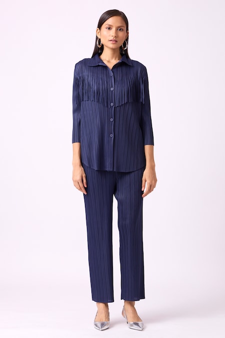 Scarlet Sage Blue 100% Polyester Textured Spread Dari Fringe Shirt And Pant Set 