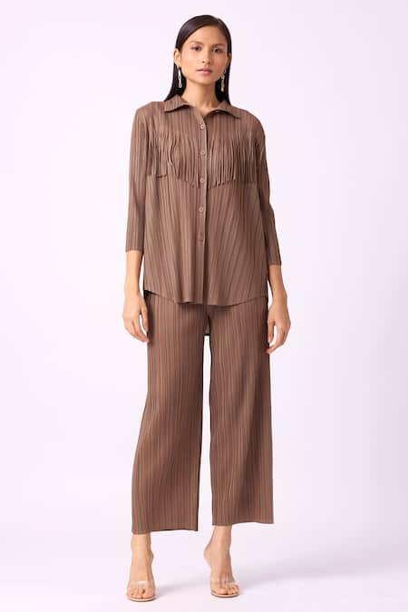 Scarlet Sage Grey 100% Polyester Textured Spread Dari Fringe Work Shirt And Pant Set  