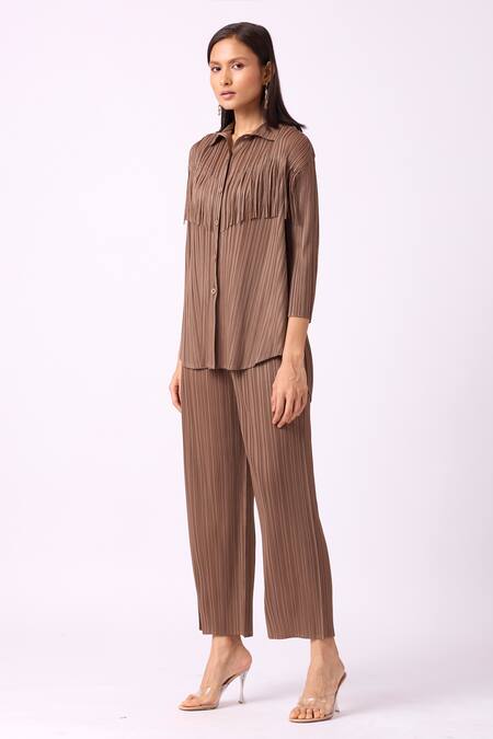 Shop Scarlet Sage Grey Polyester Fringe Collared Dari Work Shirt And Pant Set Online at Aza Fashions Shop_Scarlet Sage_Grey Polyester Fringe Collared Dari Work Shirt And Pant Set_Online_at_Aza_Fashions