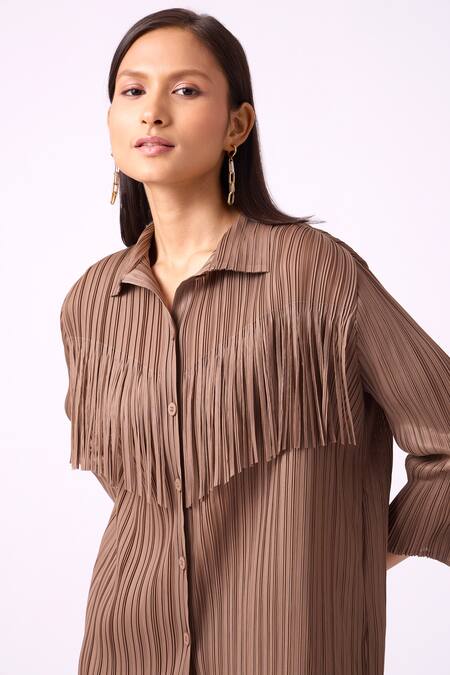 Scarlet Sage Grey Polyester Fringe Collared Dari Work Shirt And Pant Set at Aza Fashions Scarlet Sage_Grey Polyester Fringe Collared Dari Work Shirt And Pant Set_at_Aza_Fashions