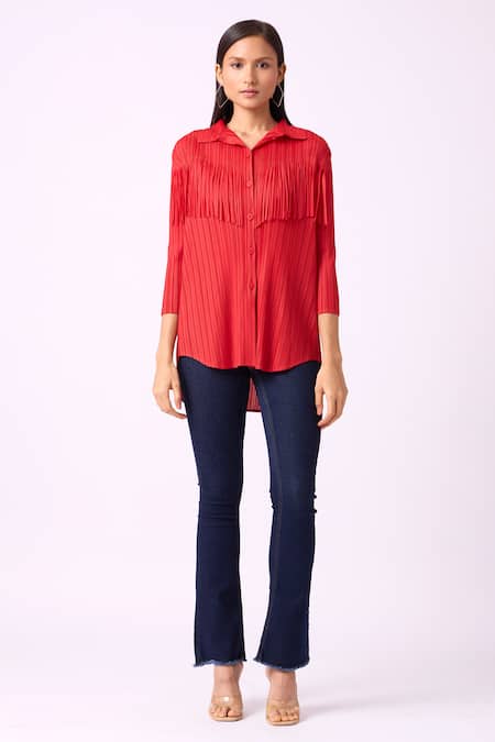 Scarlet Sage_Red Polyester Fringe Collared Dari Shirt_Online_at_Aza_Fashions
