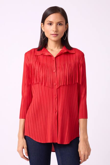 Buy_Scarlet Sage_Red Polyester Fringe Collared Dari Shirt_Online_at_Aza_Fashions