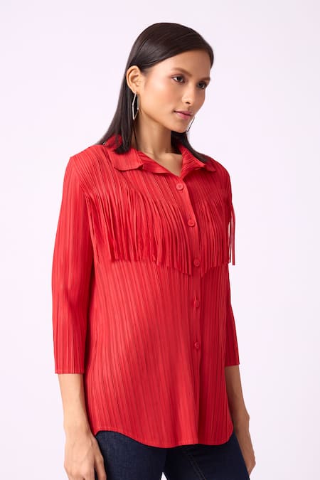 Shop_Scarlet Sage_Red Polyester Fringe Collared Dari Shirt_Online_at_Aza_Fashions