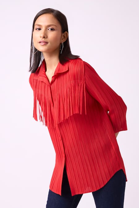 Scarlet Sage_Red Polyester Fringe Collared Dari Shirt_at_Aza_Fashions