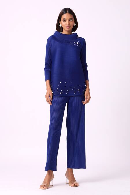 Scarlet Sage_Blue Polyester Pearls Turtle Neck Hazel Embellished Top And Pant Set_Online_at_Aza_Fashions