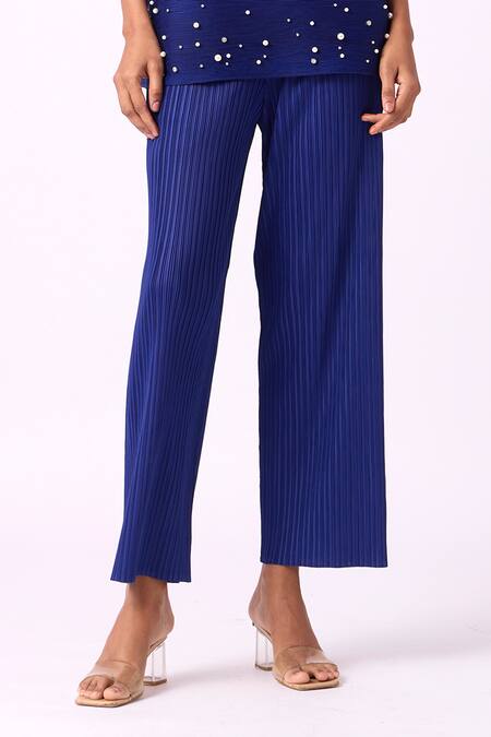 Buy_Scarlet Sage_Blue Polyester Pearls Turtle Neck Hazel Embellished Top And Pant Set_Online_at_Aza_Fashions