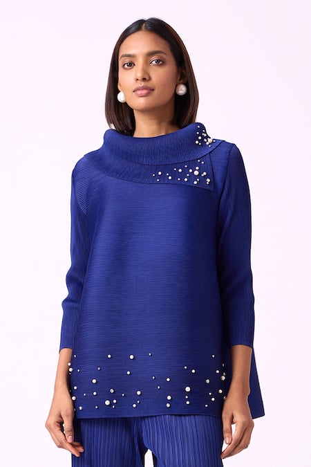 Shop_Scarlet Sage_Blue Polyester Pearls Turtle Neck Hazel Embellished Top And Pant Set_Online_at_Aza_Fashions