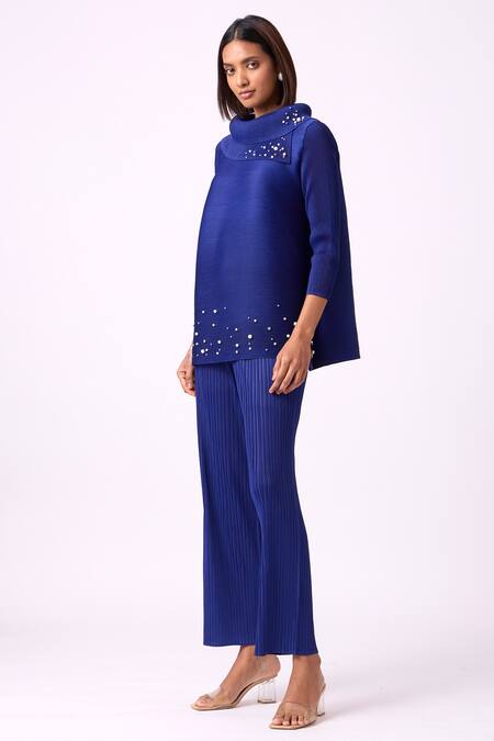 Scarlet Sage_Blue Polyester Pearls Turtle Neck Hazel Embellished Top And Pant Set_at_Aza_Fashions