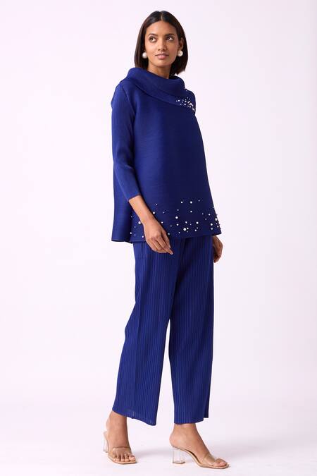Buy_Scarlet Sage_Blue Polyester Pearls Turtle Neck Hazel Embellished Top And Pant Set