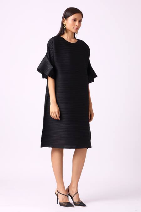 Shop_Scarlet Sage_Black Polyester Embroidery Round Neck Paulina A-line Textured Dress_Online_at_Aza_Fashions
